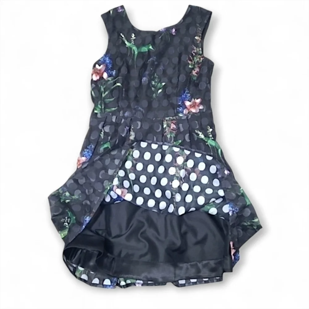 Derhy K Black Polka Dot Floral Sleeveless Party Dress Girls Size Large